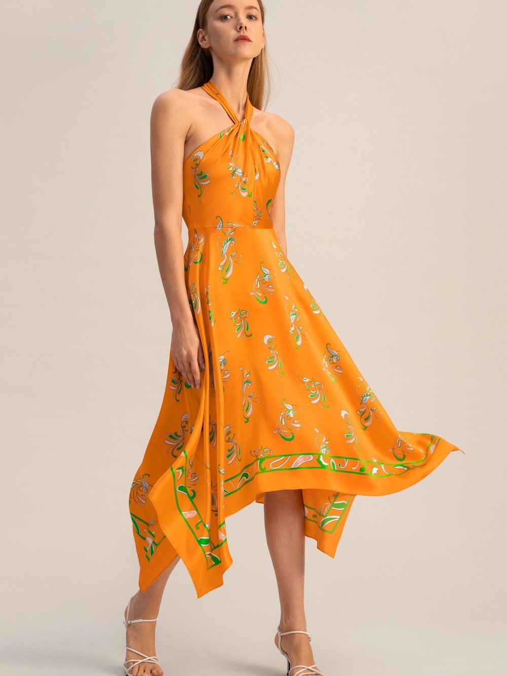 Lilysilk Orange Halter Midi Dress with Green Accent